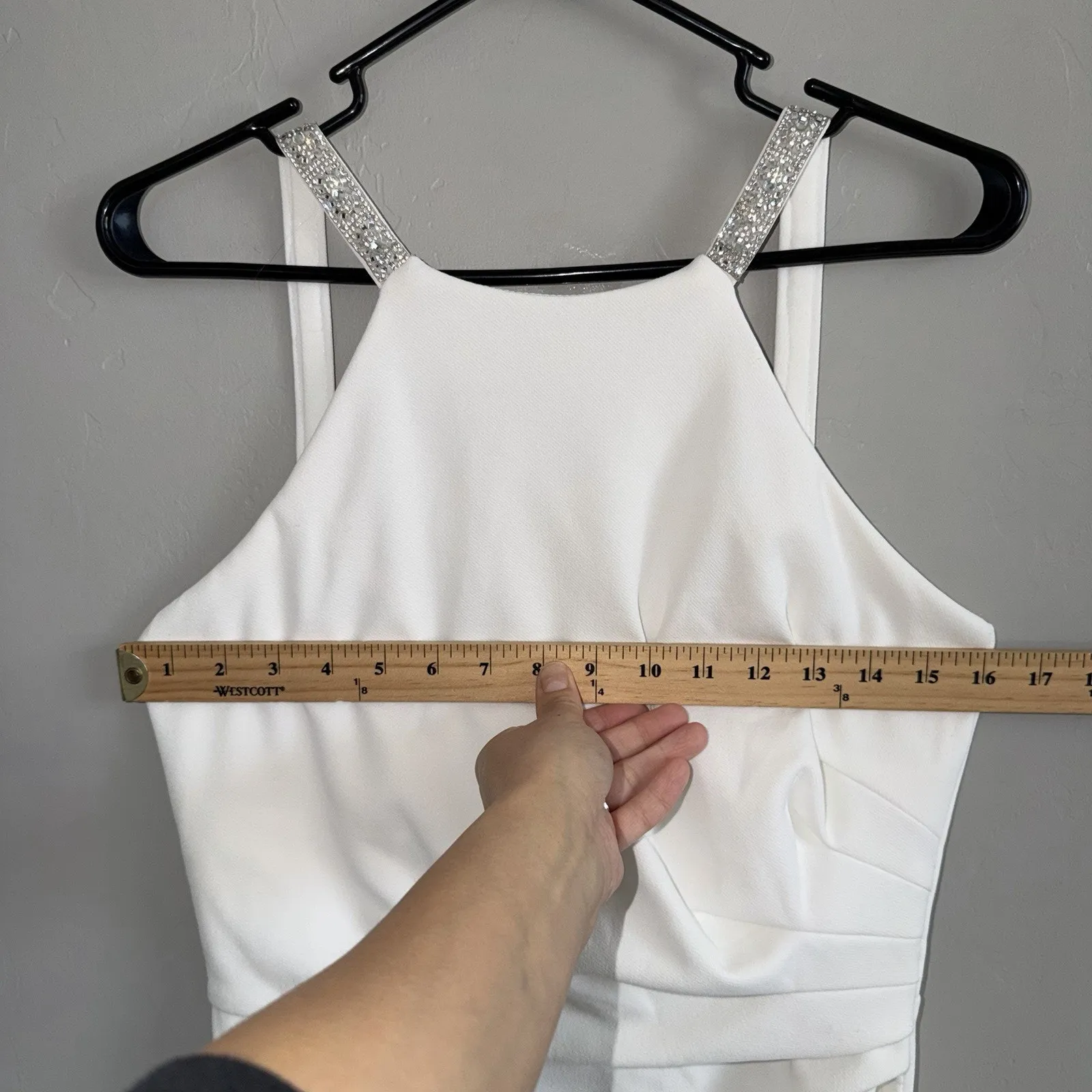 Betsy & Adam Woman’s Sz 6 White Mermaid Dress Silver Beaded Straps Cinched Waist - Image 8