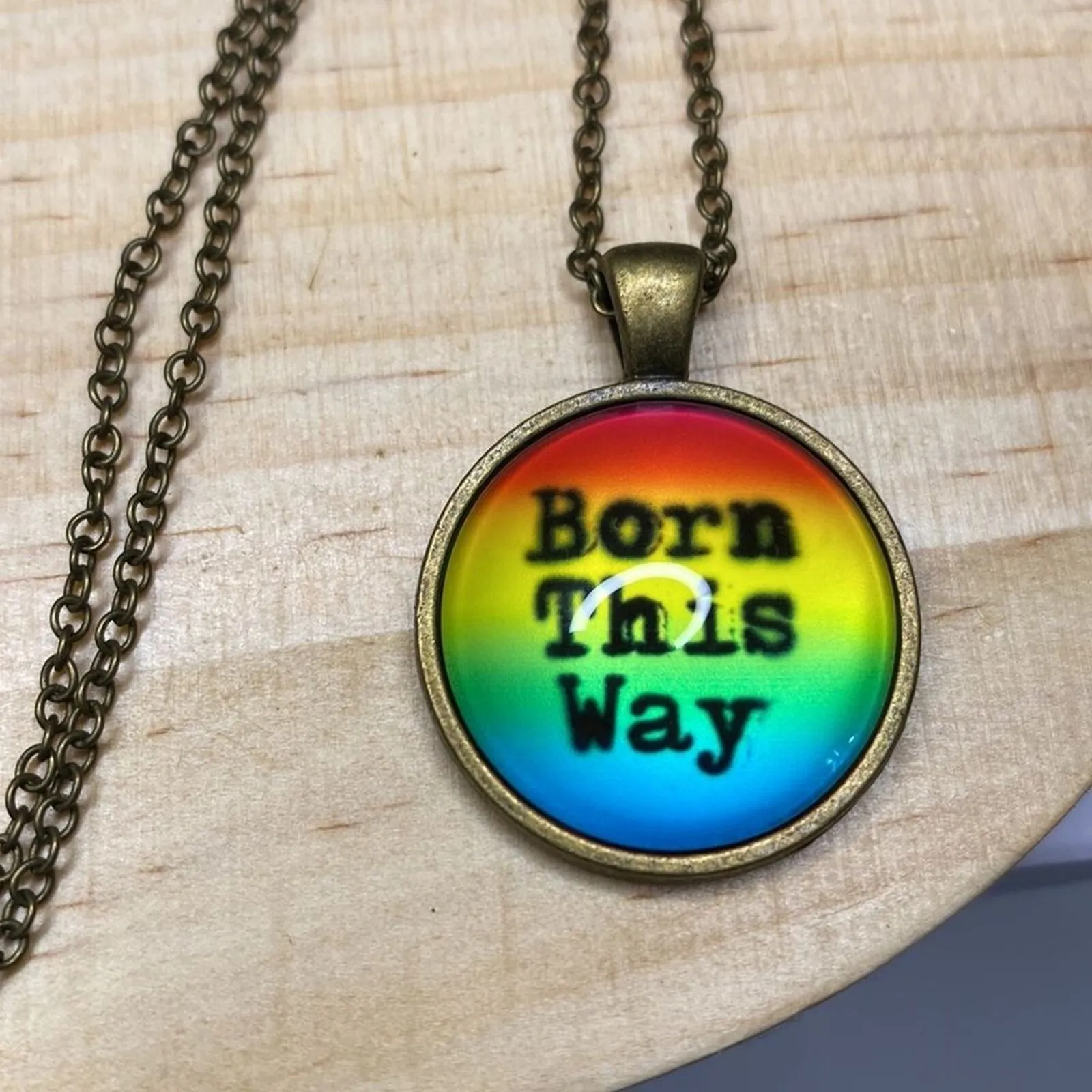 Born This Way Necklace Rainbow‎ Pride LGBTQ Statement Pendant Unisex Jewelry 1in Gold - Image 2