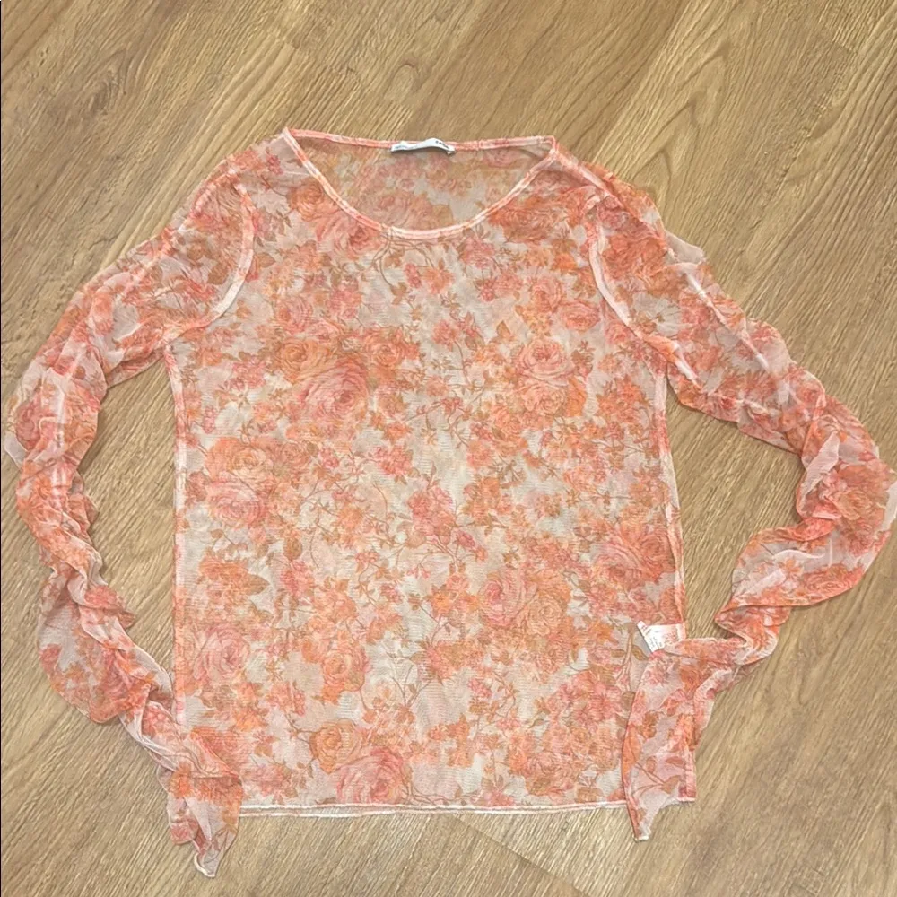 Zara Small Orange & Pink Rose Floral Print Mesh Sheer Long Sleeve Ruched Blouse - Image 2
