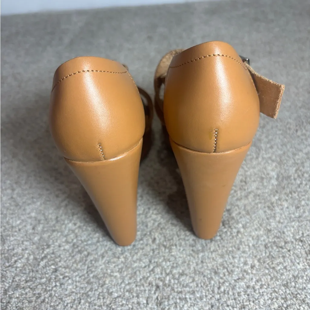 Marni Camel Leather Wedge Sandals Classic Italian Strappy Gold Metal Buckle 38 Tan Size 7 - Image 4