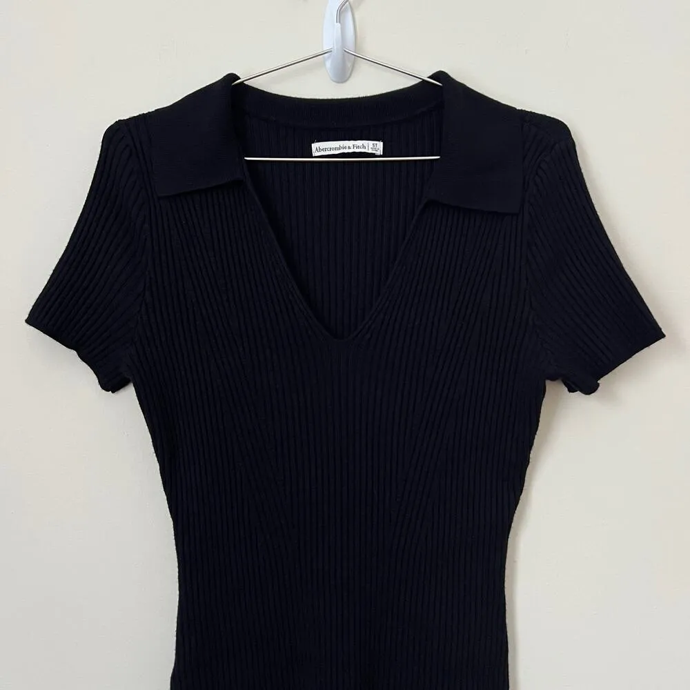 Abercrombie & Fitch Black Polo Elevated Ribbed Knit Mini Dress Size Small Tall - Image 4