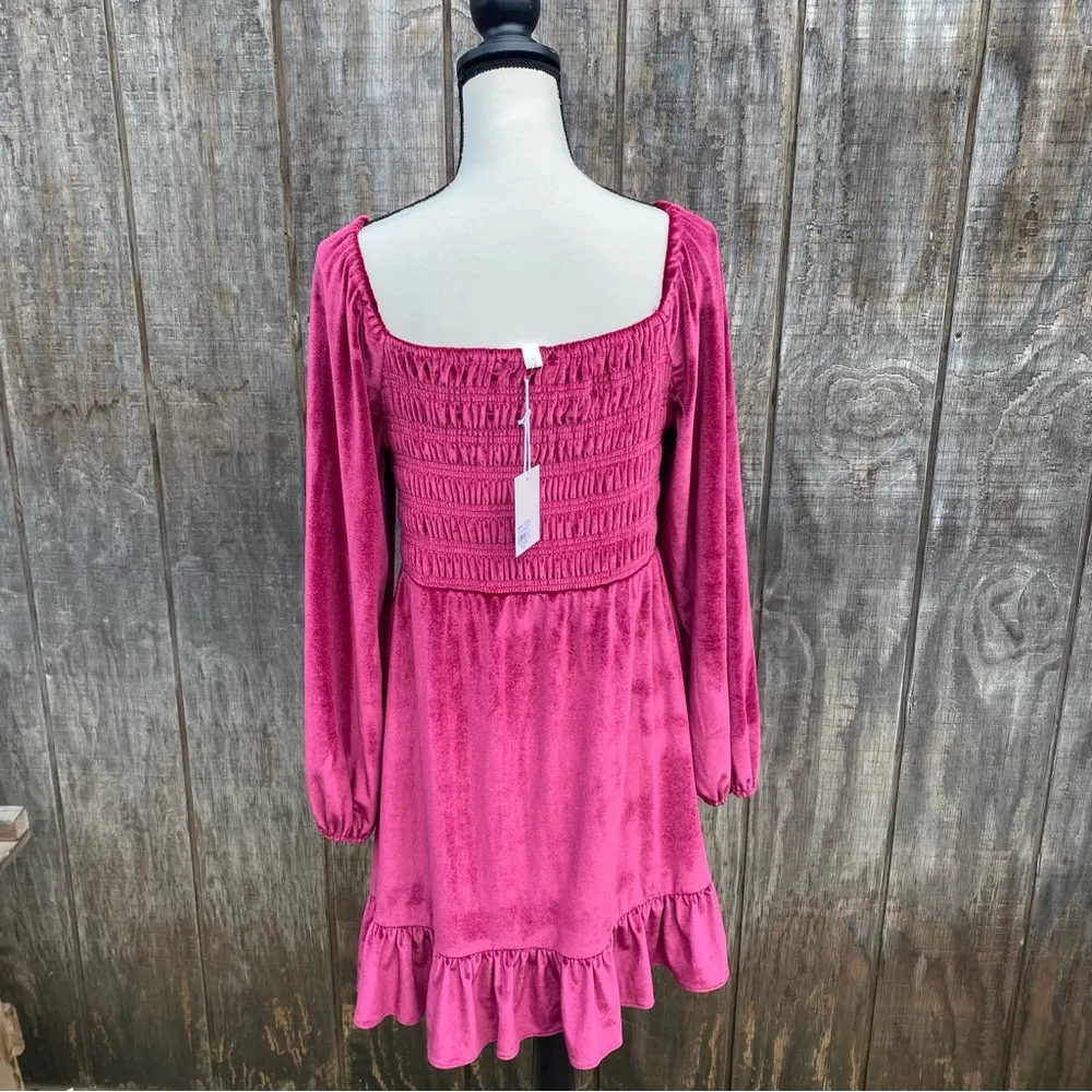 LC Lauren Conrad Red Velvet Long Sleeve Smocked Mini Dress Size Medium - Image 7