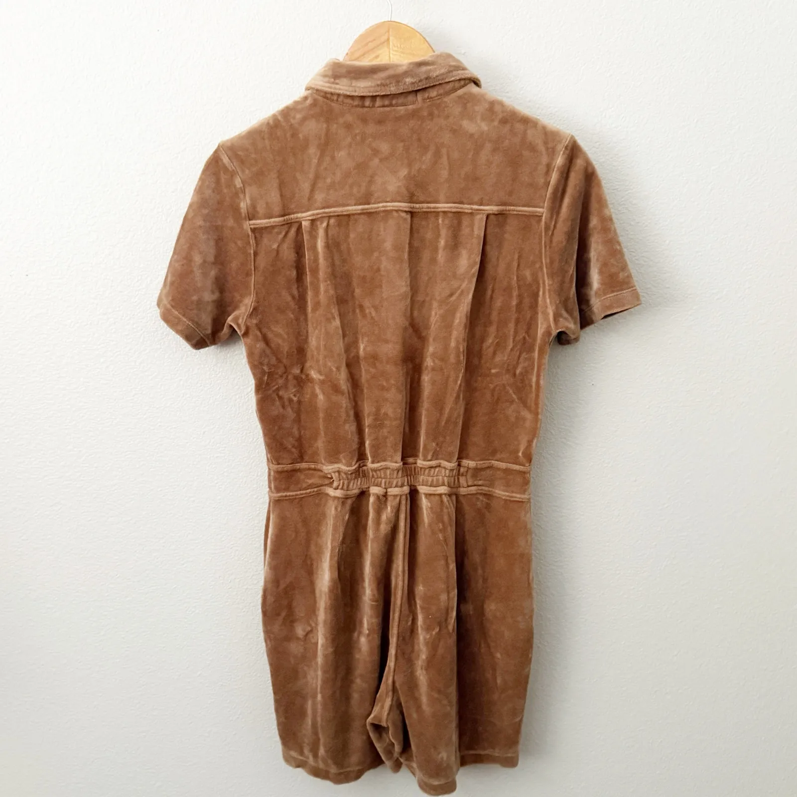 MONROW | Terrycloth Velour Romper Chocolate Brown Collar Short Zipper | Small - Image 3