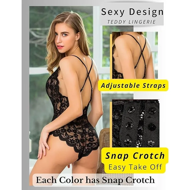 NWOT ~ Women's Sexy Black Lace One Piece Lingerie Deep V Teddy Bodysuit ~ XL - Image 2