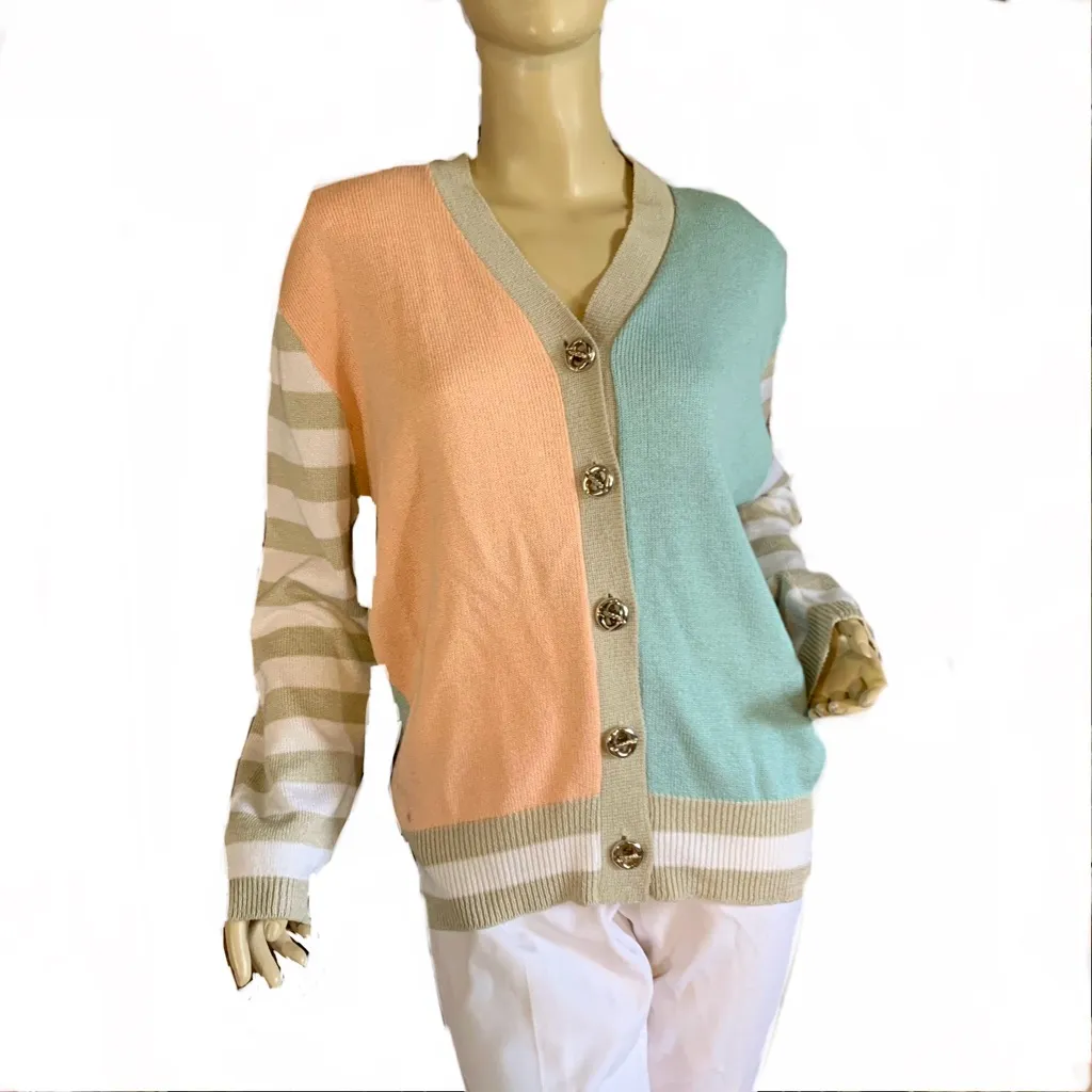VINTAGE 1990'S PEACH, MINTY BLUE & TAUPE PASTEL COLOR BLOCK CARDIGAN (L) Orange Size L - Image 2