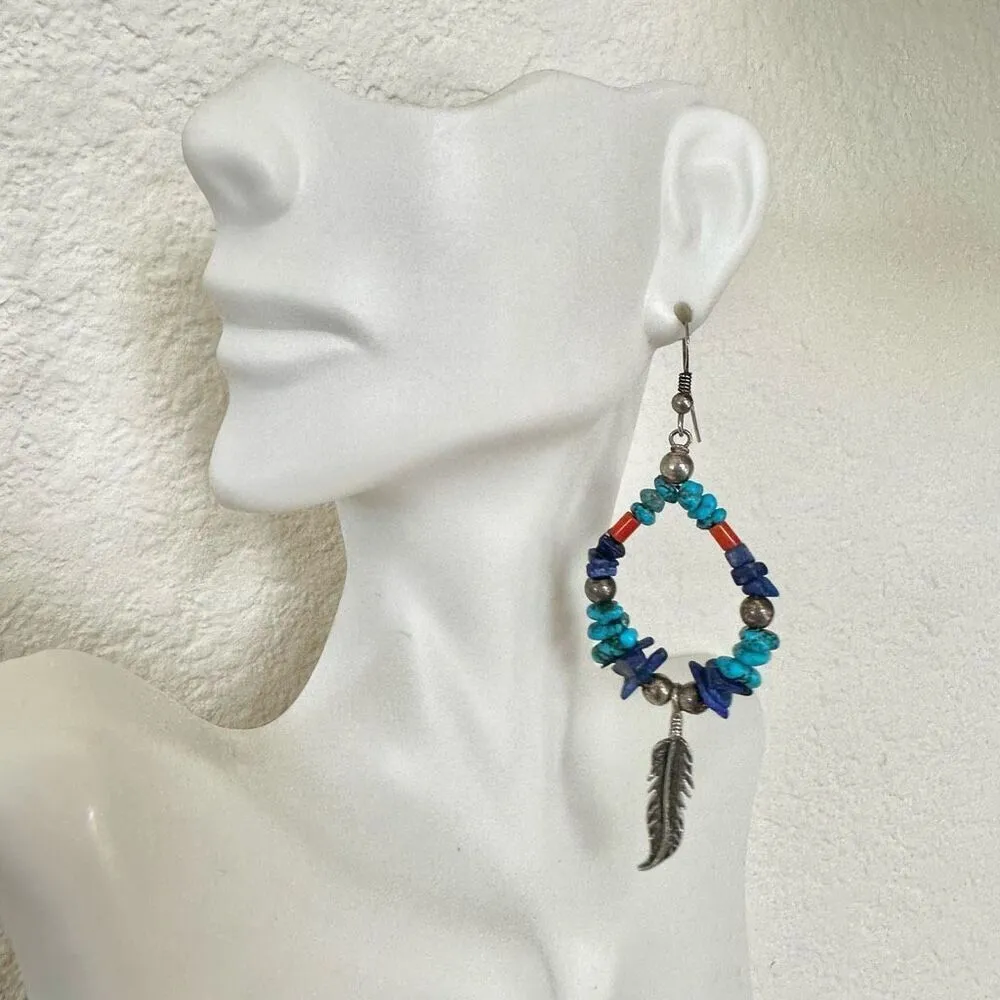 Sterling silver turquoise coral lapis feather earrings Blue - Image 2