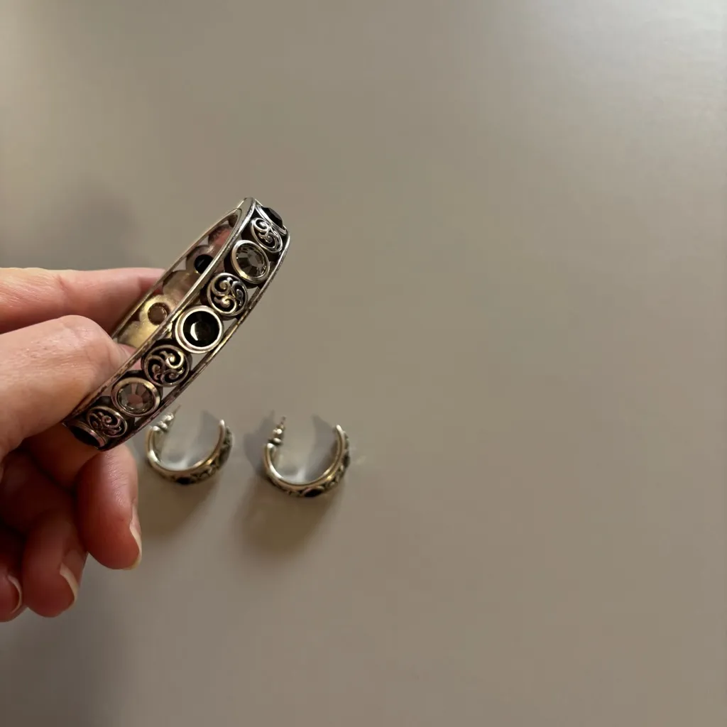 BRIGHTON Vintage Hinged Silver Bangle Matching Rhinestone Earring Set Art Deco - Image 11