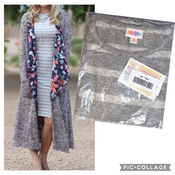 LULAROE Julia Bodycon Midi Dress Size XS Gray Stripe Short Elbow Sleeve - Image 2