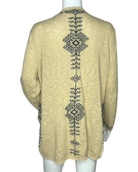 J. Jill Sweater Womens Medium Tan Black Aztec Open Cardigan Linen Blend Bohemian - Image 2