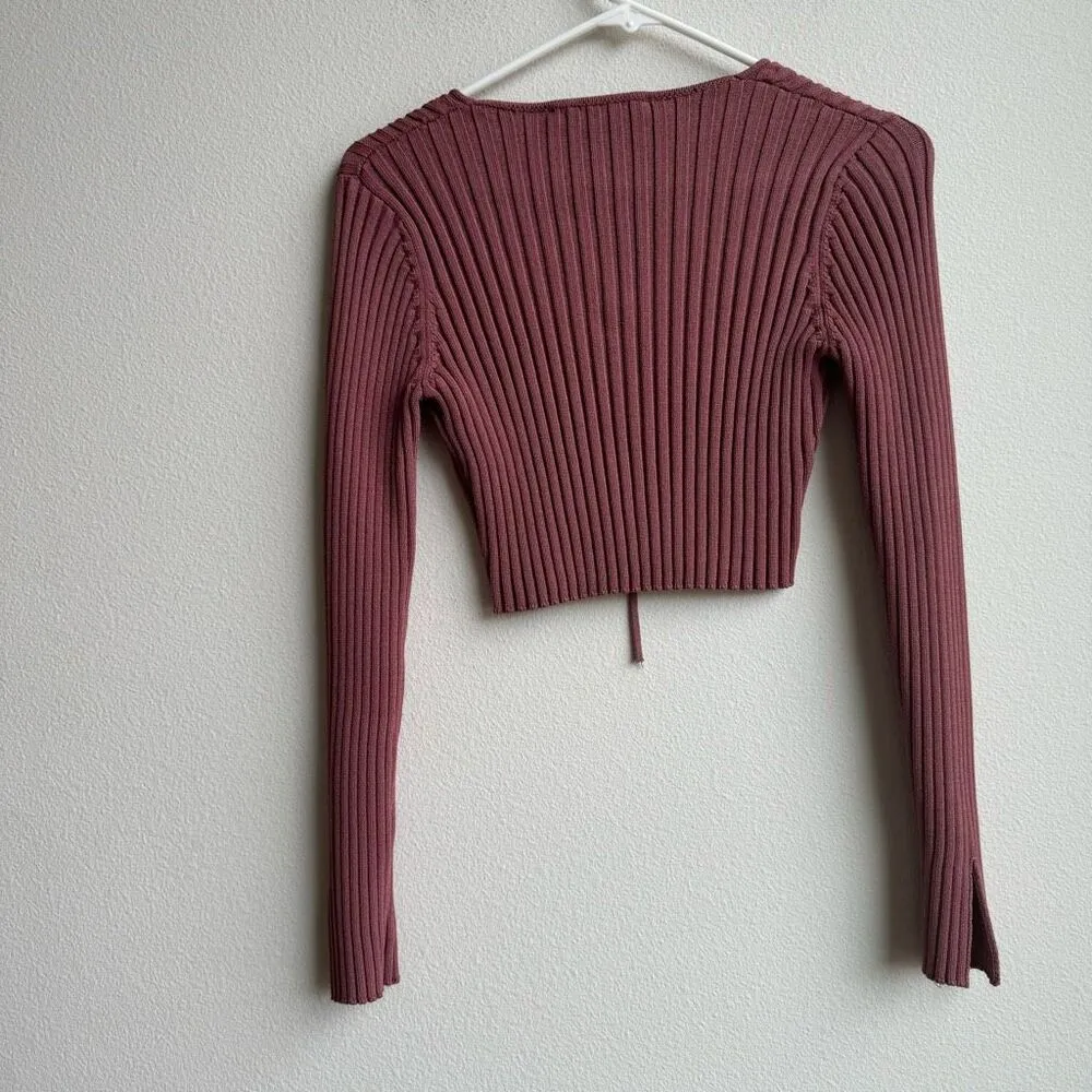 Zara Pink Ribbed Heavy Knit Tie Front Cardigan Cropped Sweater Size Small - Image 5