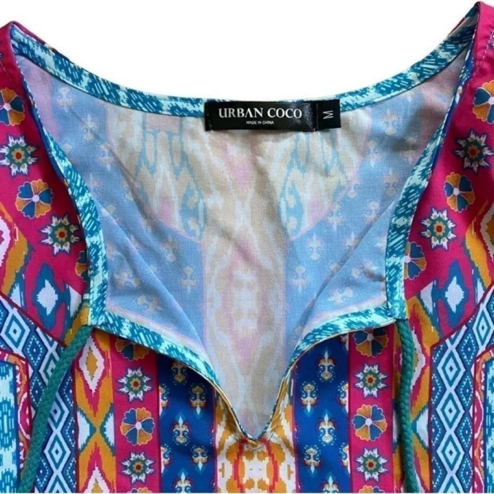 Urban Coco Blue Multicolor Ruche Sleeve Swim Coverup Dress with Tassels Medium - Image 5