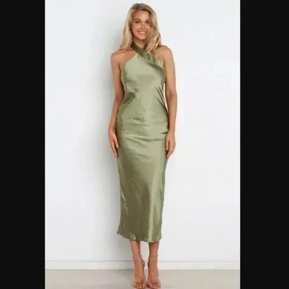Petal & Pup Grasie Olive Green Satin Halter Maxi Dress 2 - Image 7