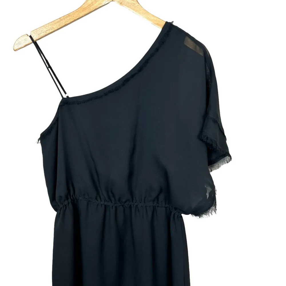 Central Park West One Shoulder Black Mini Fray Trim Dress Size Medium - Image 2
