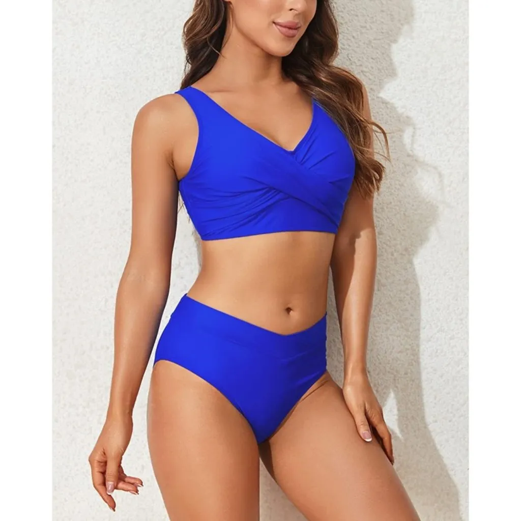 Bright Blue High Waisted Bikini Two Piece Swimsuit Lace Up Twist Front MEDIUM - Image 4