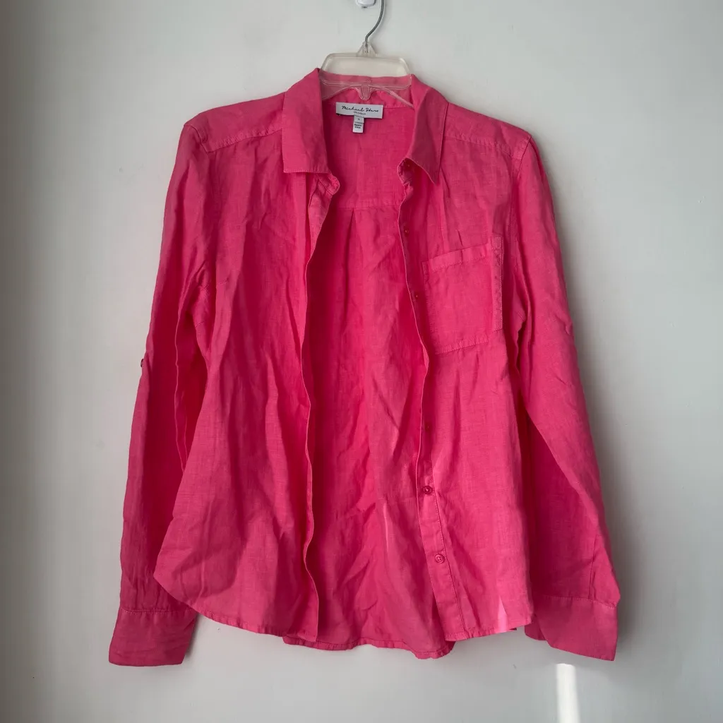 Michael Stars Spencer Flamingo Pink Linen Button Down Top S - Image 5