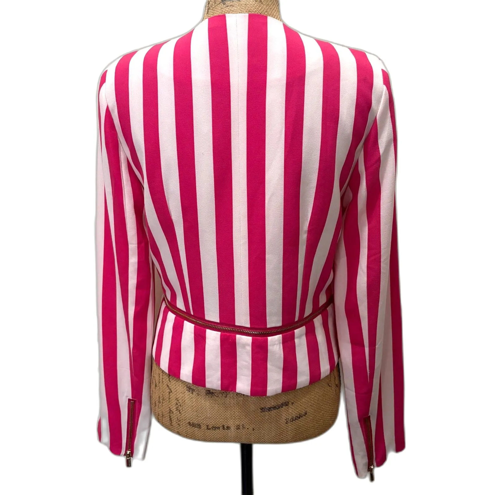 Love Tree Hot Pink White Striped Open Front Blazer Zip Detail Jacket Size Medium - Image 2