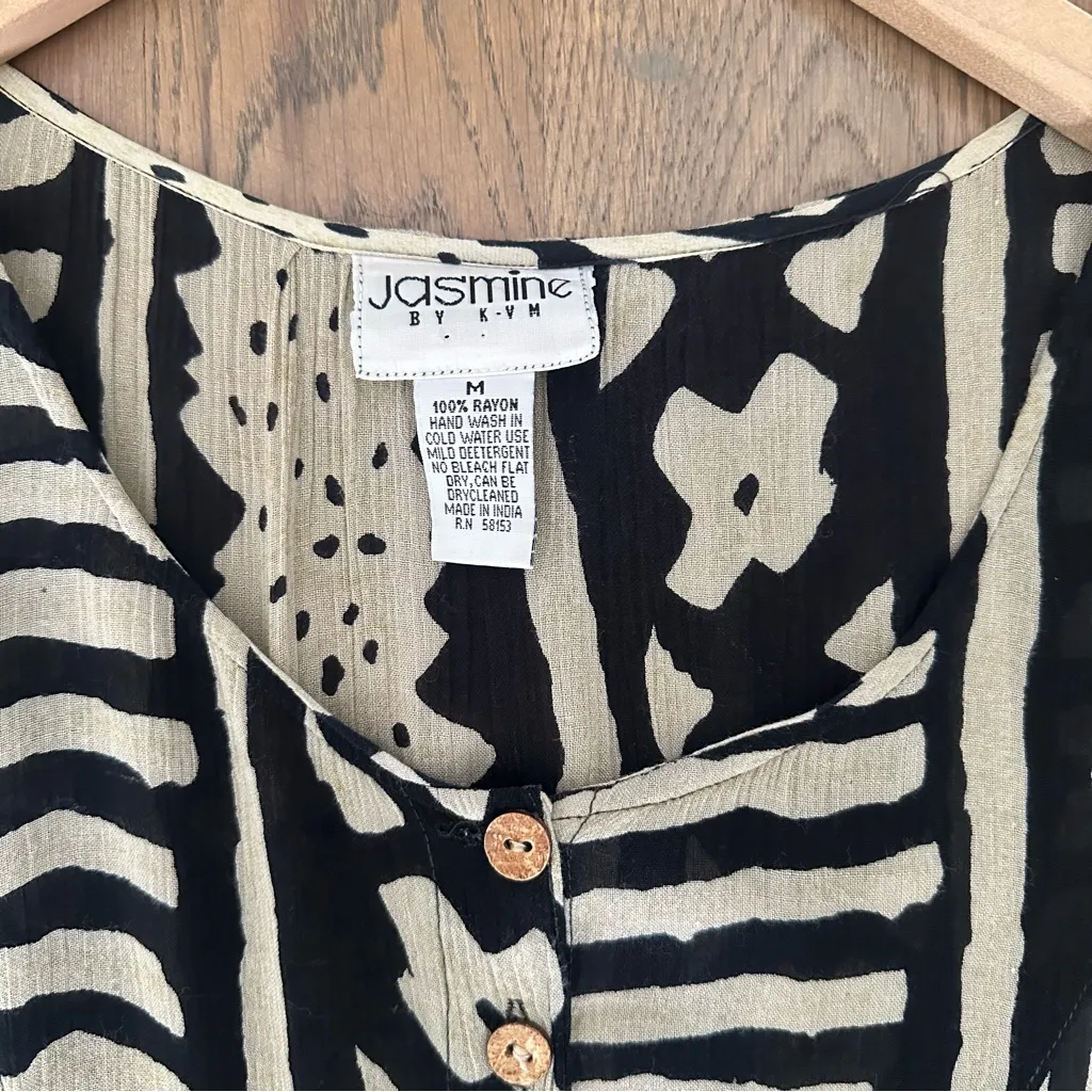 Vintage 90s Grunge Abstract Mudcloth Print Tiered Babydoll Gauze Dress Black M - Image 5