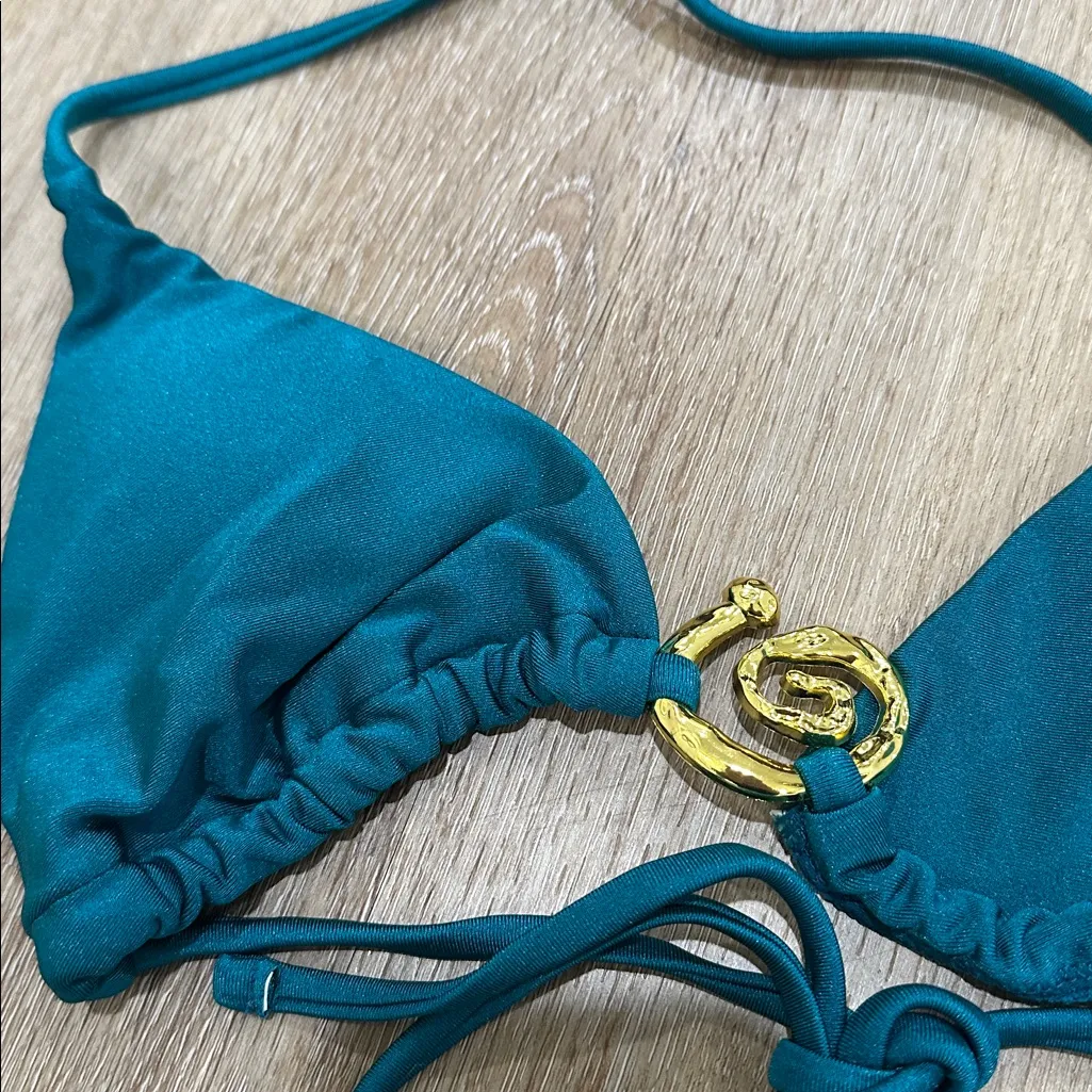 Teal Bikini Set with Gold Accents halter tie small Blue - Image 2