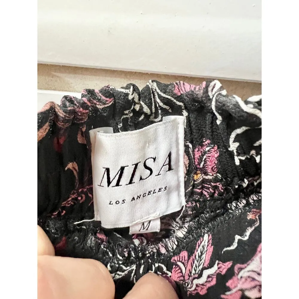MISA Los Angeles Ceria Pull On Ruffle Tiered Mini Skirt Black Fuchsia Floral M - Image 5
