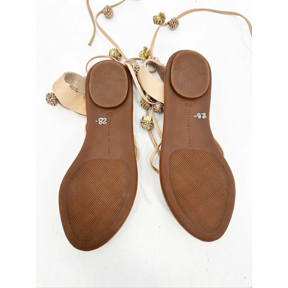Loeffler Randall Saskia Tan Leather Pompom Lace Up Strappy Flat Sandals Size 6.5 - Image 5