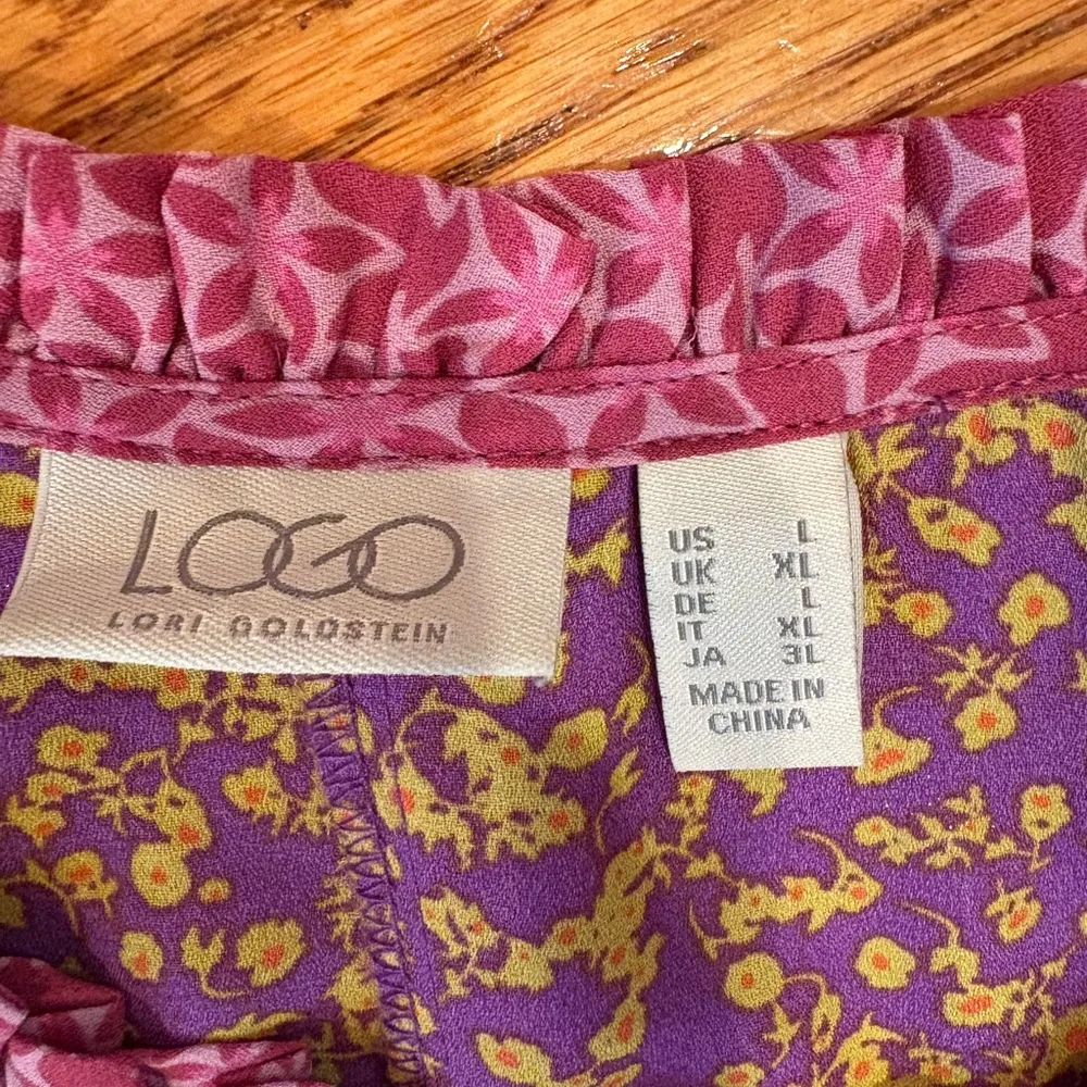 LOGO by Lori Goldstein Multicolor Mixed Print Long Sleeve Button Down Blouse - Image 2