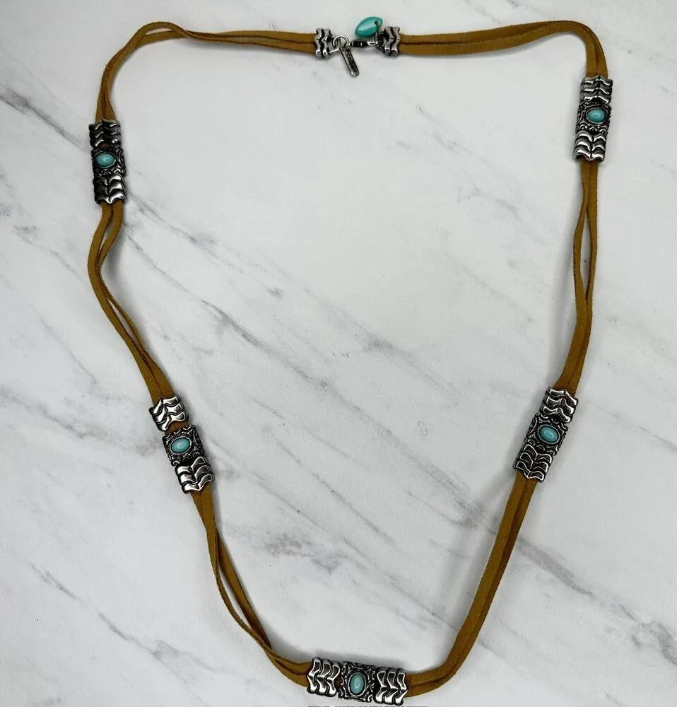 Sarah Brown Cord and Silver Tone Faux Turquoise Concho Boho Necklace - Image 2