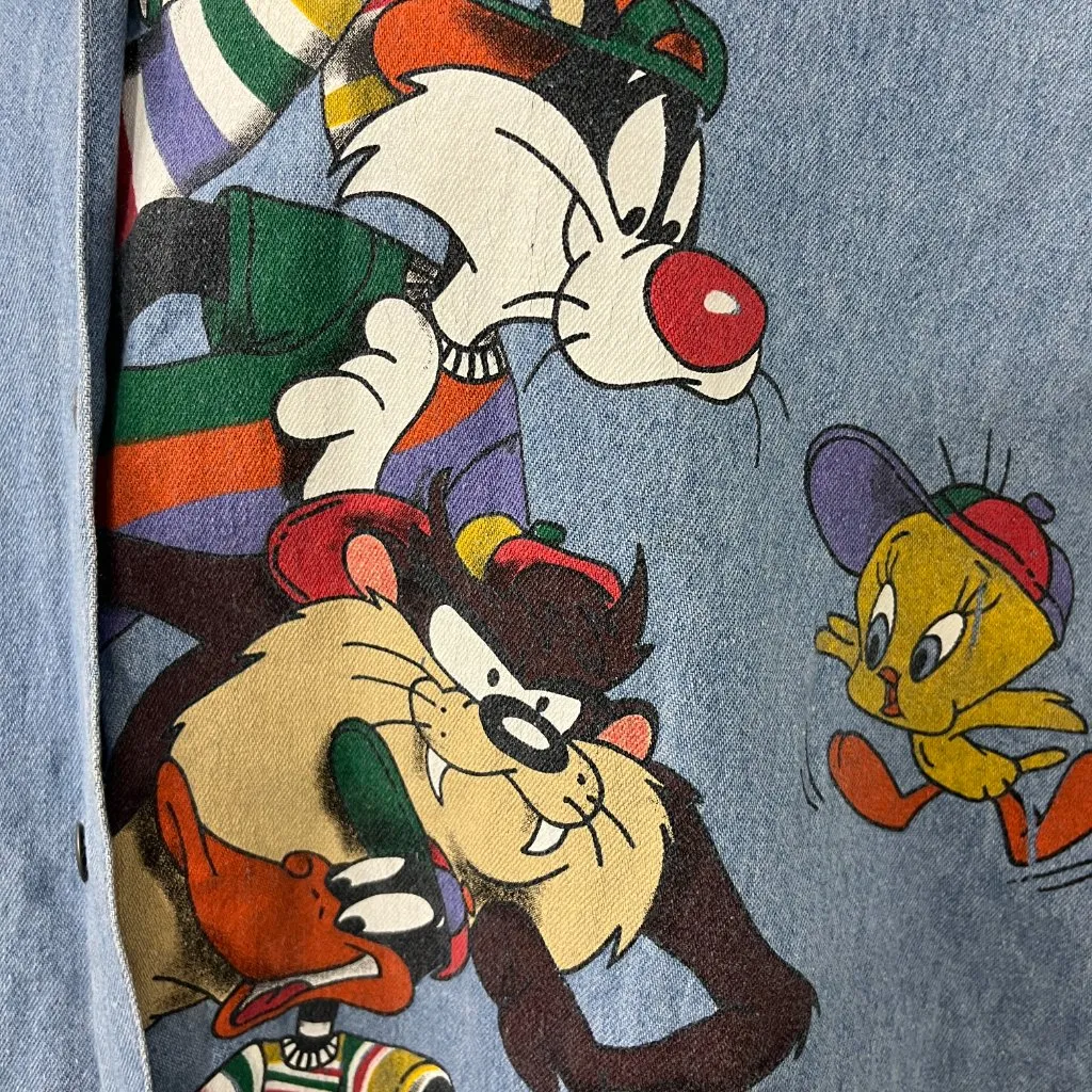 Vintage 90s Large Blue Looney Tunes Button Down Sleeveless Collared Vest - Image 8