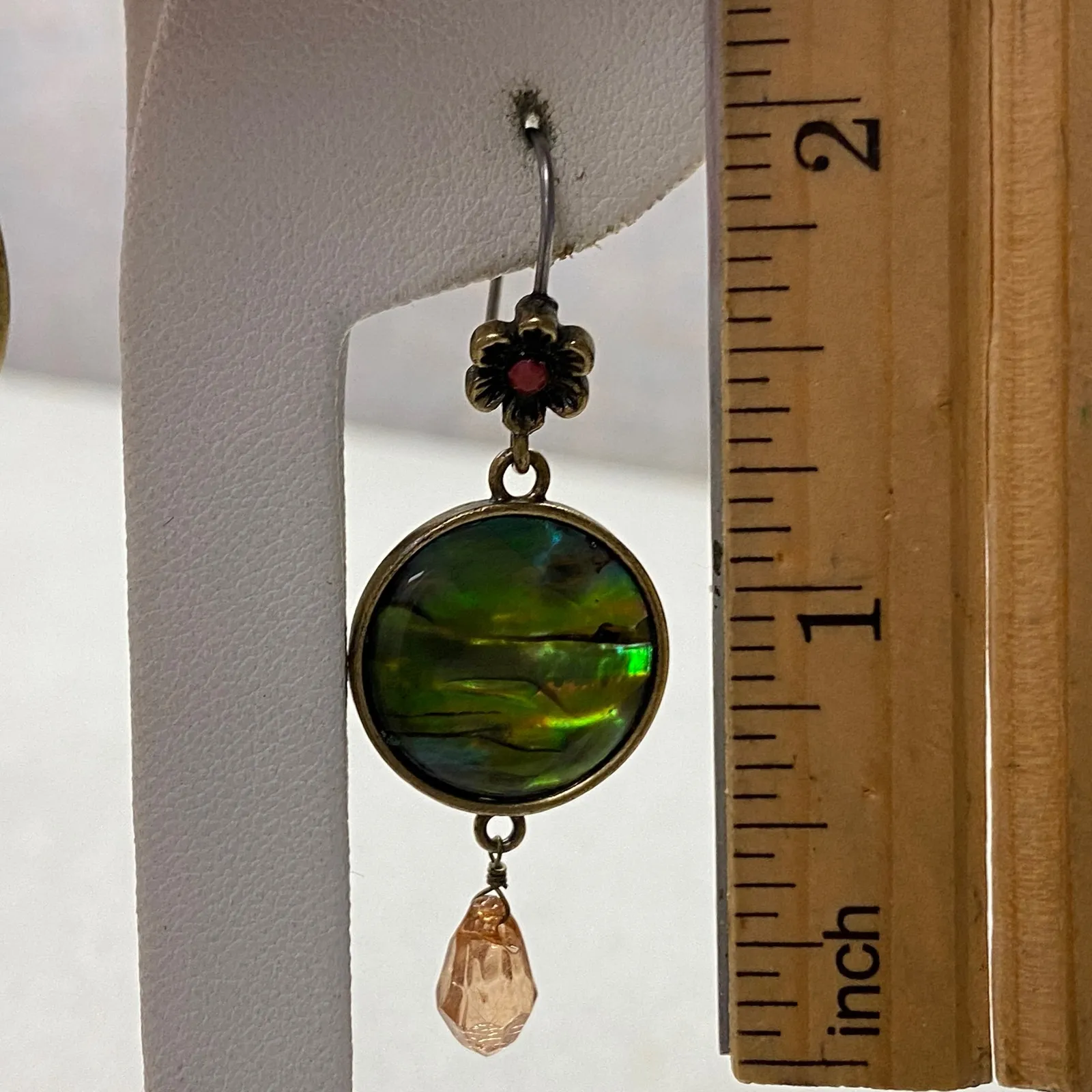 Handmade Abalone Shell Teardrop Hook Earrings in Antique Brass Tone Boho Chic Green - Image 4