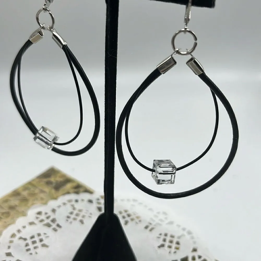 Swarovski Crystal Black Two Leather Cord Dangle Earrings-  Handmade NEW - Image 4