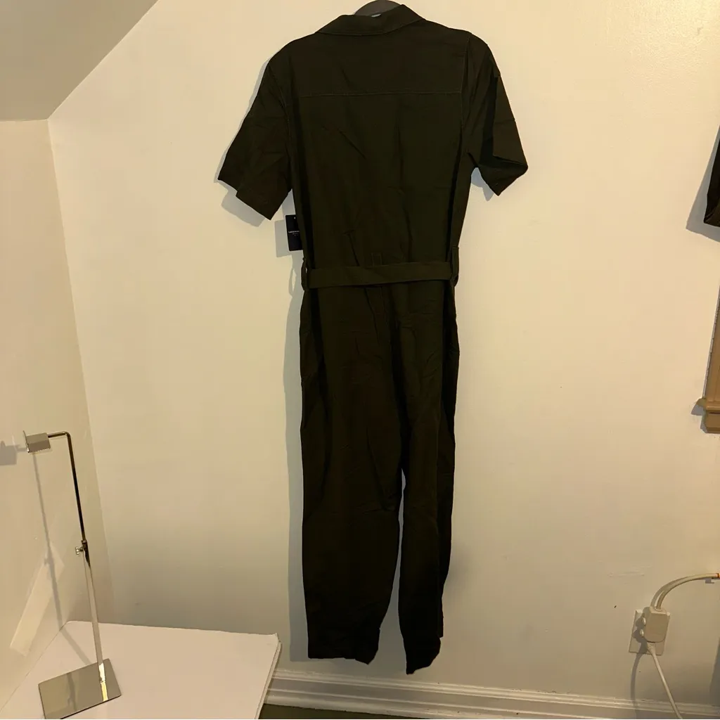 Lucky Brand cargo Forest Green Women's Collared Button up Tie Waist Jumpsuit Med - Image 7