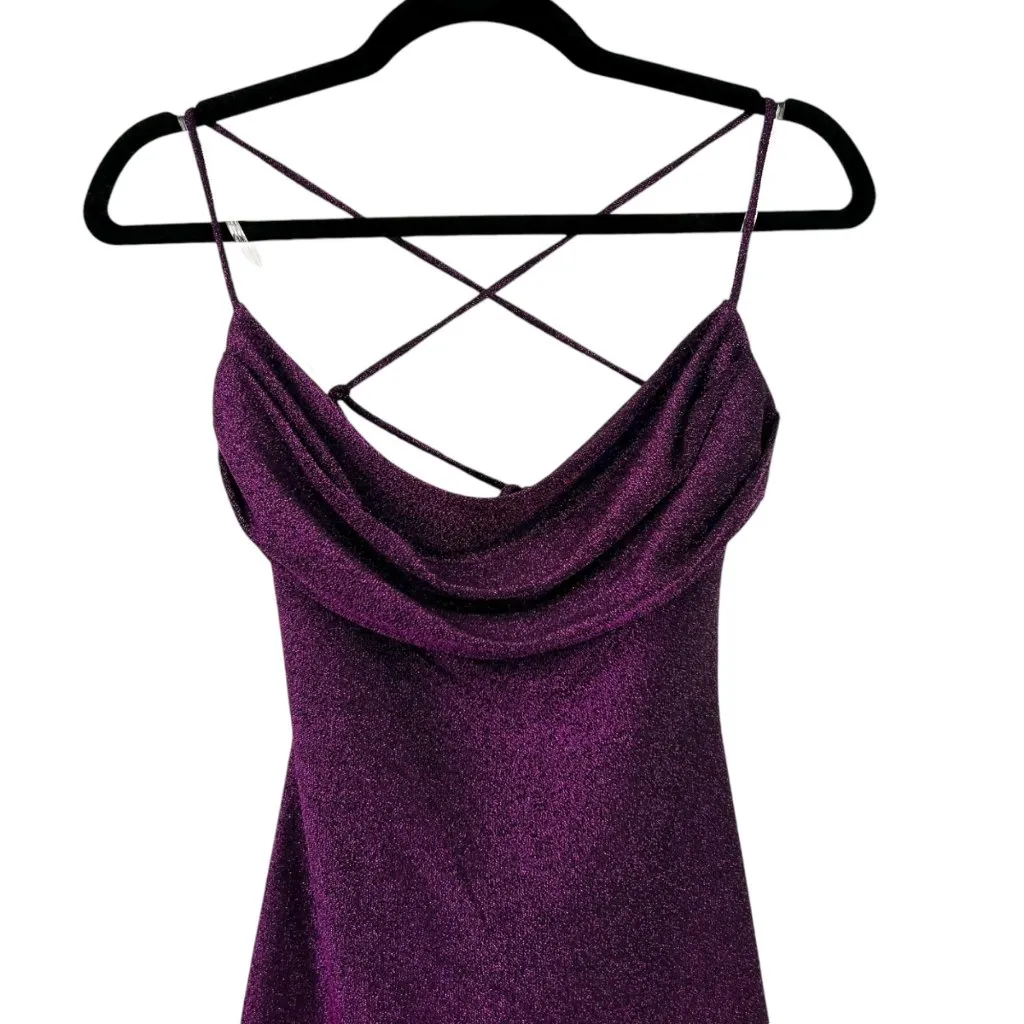 Lush Purple Metallic Drape Neck Bodycon Dress Size XS NWOT - Image 2