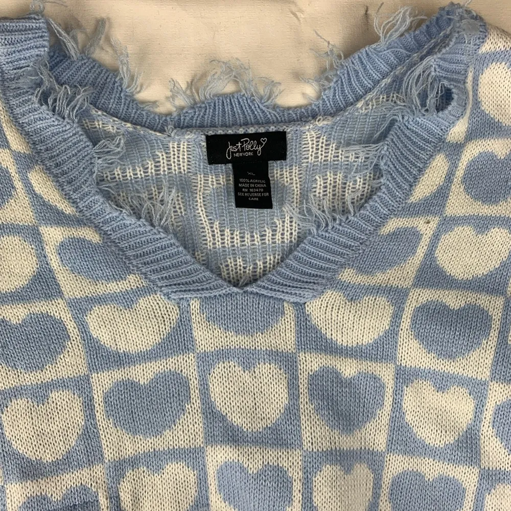 Just Polly women's size XL Blue White heart patchwork checkers Knit Sweater dist - Image 4