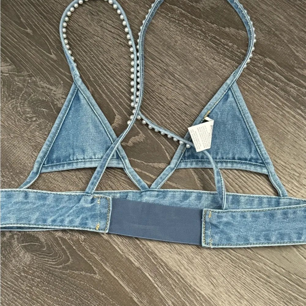 Denim Pearl Strap Bralette - Image 2