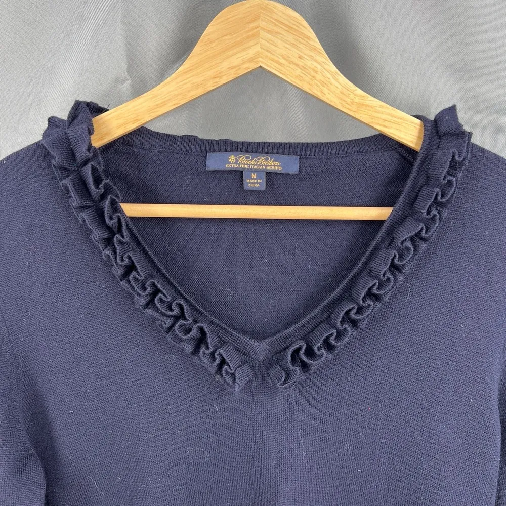 Brooks Brothers Sweater Merino Wool Navy Blue Ruffle Neckline VNeck Womens Med - Image 2