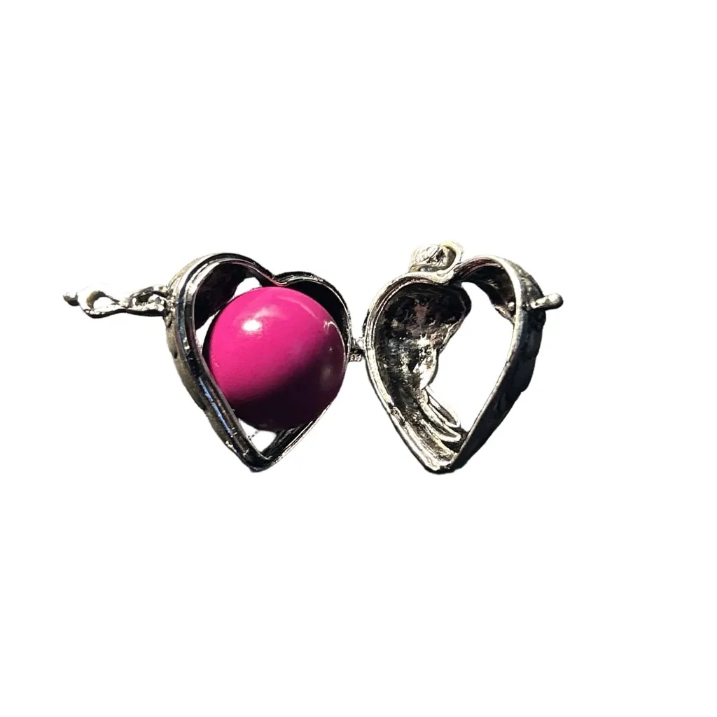 Silver Heart Locket Necklace with Pink Chime Ball, One Size - Image 4