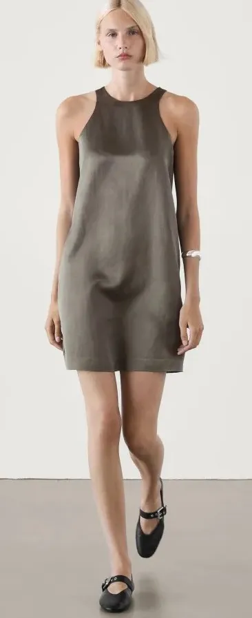 NWT Massimo Dutti Flowing Satin Mini Dress In Grey With Pockets Size Medium - Image 1