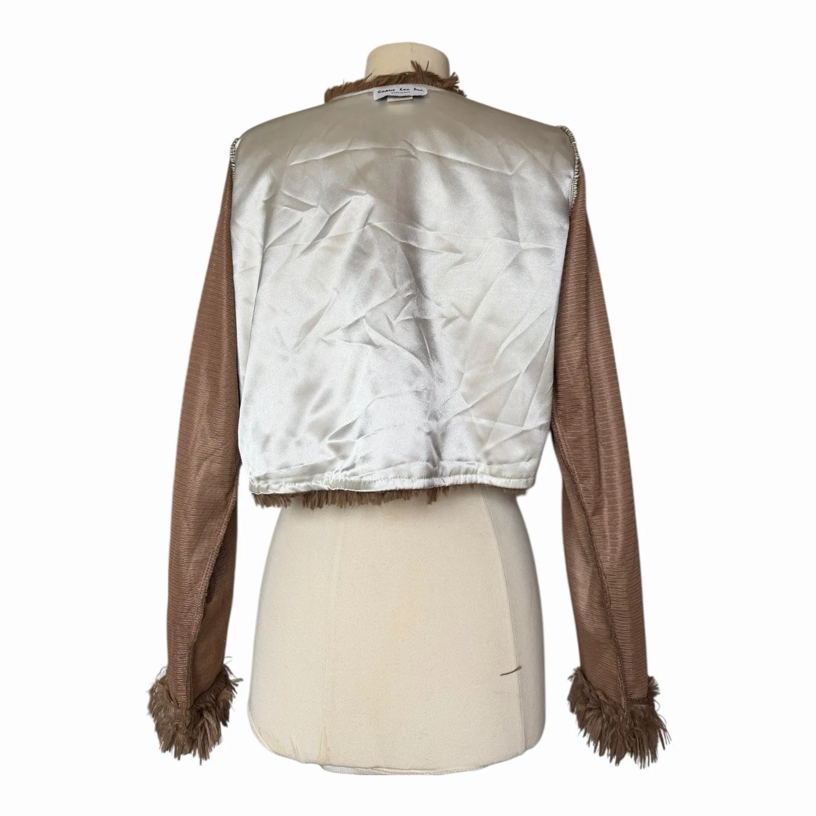 Vintage Shane Lee Faux Fur Cropped Jacket Light Brown Floral Pin Medium - Image 10