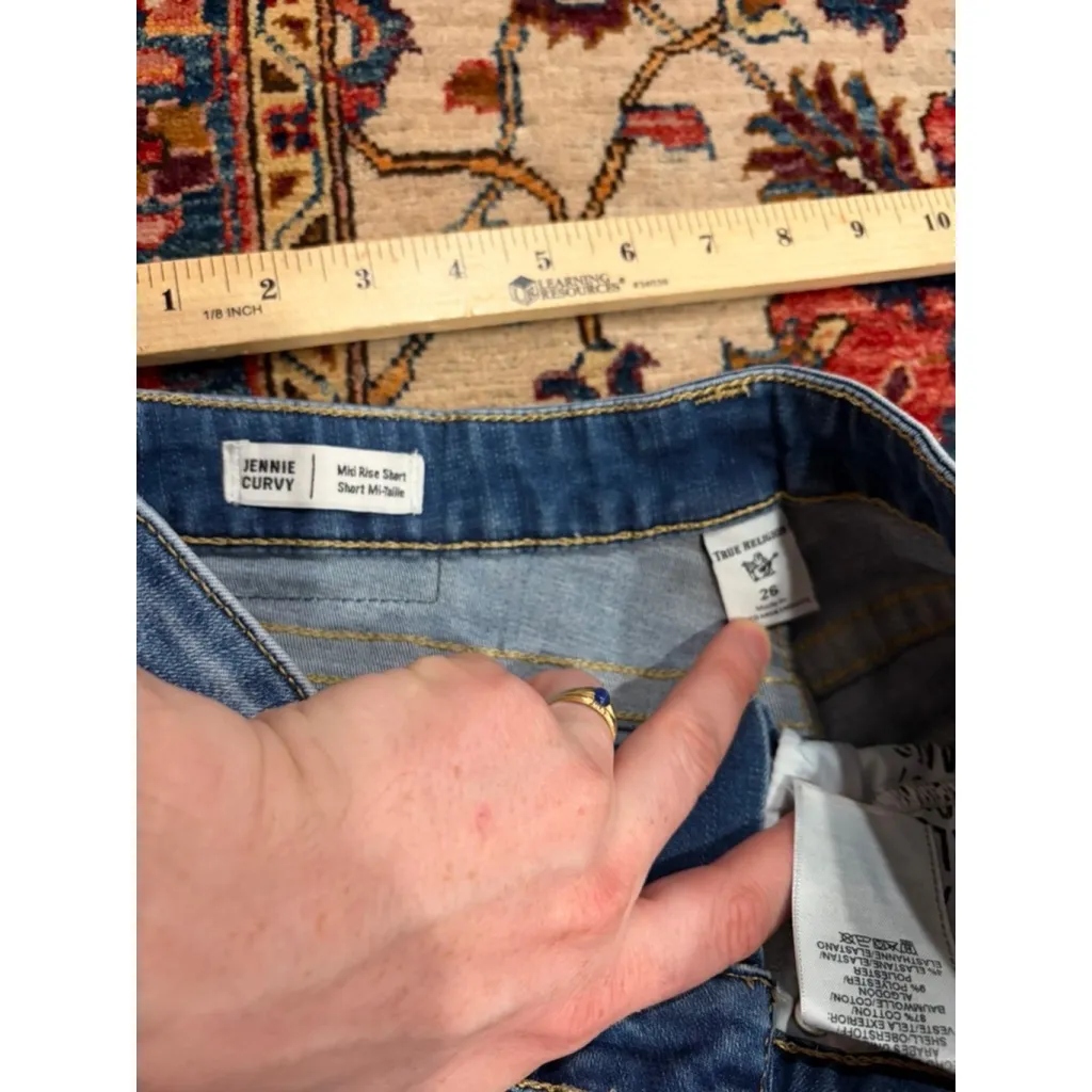 True Religion Jennie Curvy Mid Rise Denim Shorts Size 26 Blue Distressed Fold He - Image 5