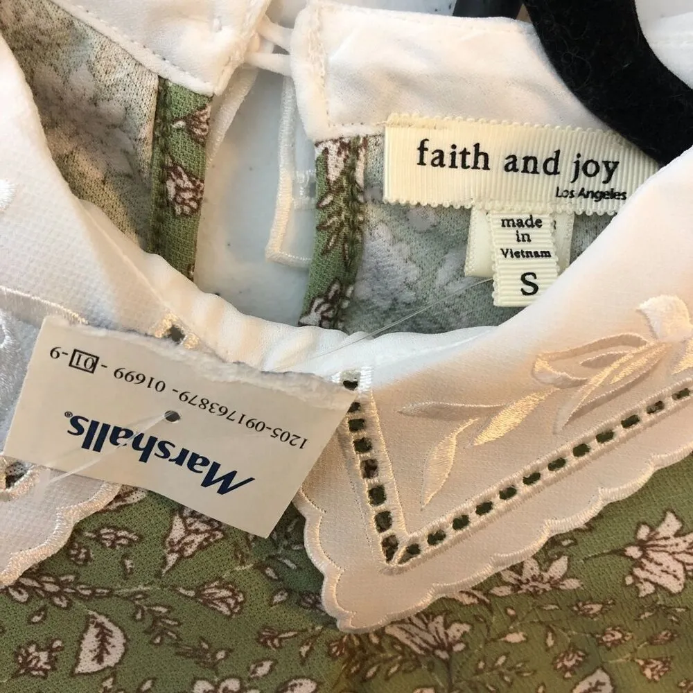 Faith and Joy Womens Top Eyelet Collar Flutter Sleeve Floral Green White S - Image 3