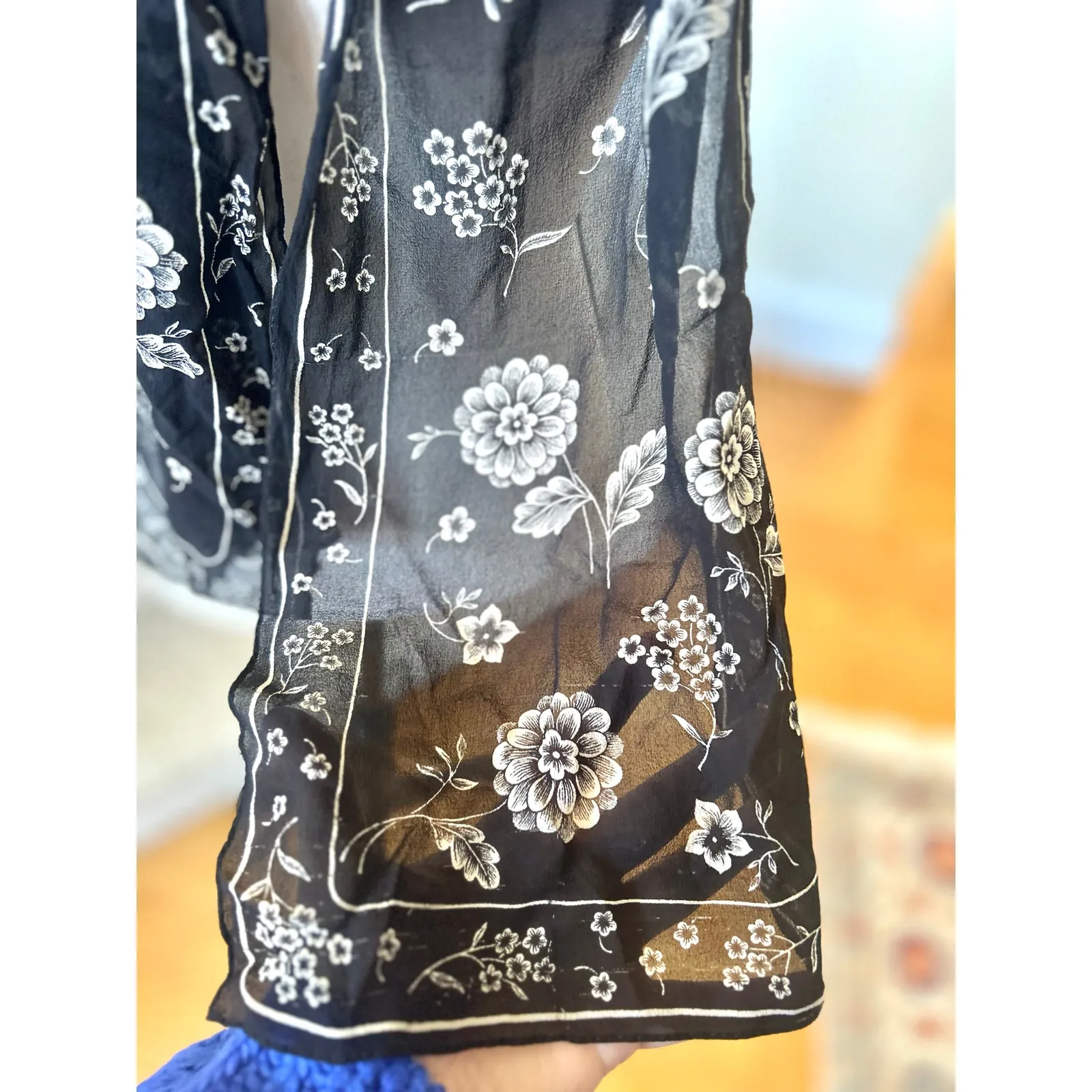 Vintage Black Silk White Floral Print Neck Scarf Whimsygoth Grunge Boho - Image 2