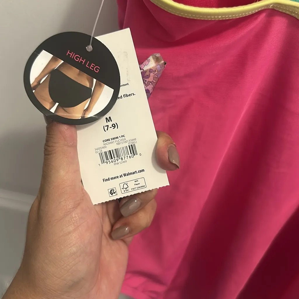 No Boundaries Pink One-Piece High Leg Swimsuit Yellow and Green Straps Size M - Image 6