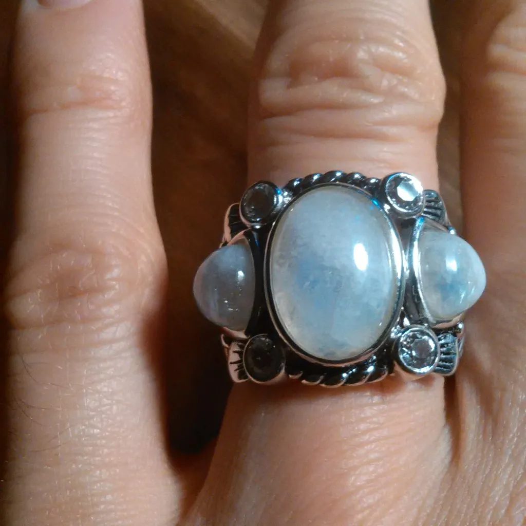 White Rainbow Moonstone Three Stone Sterling Silver Ring (Size 7) - Image 7