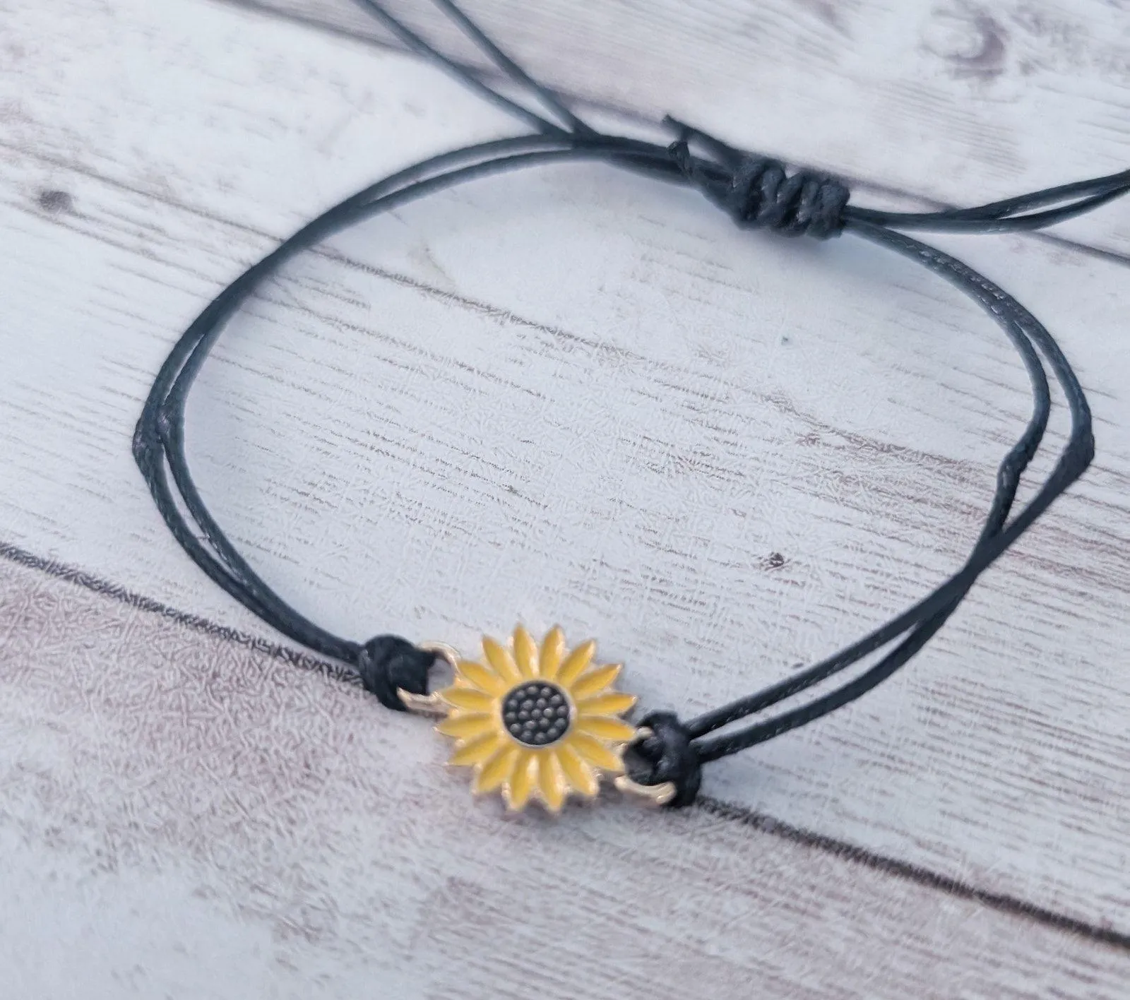 Adjustable Black Cord Bracelet with Sunflower Charm - Image 2