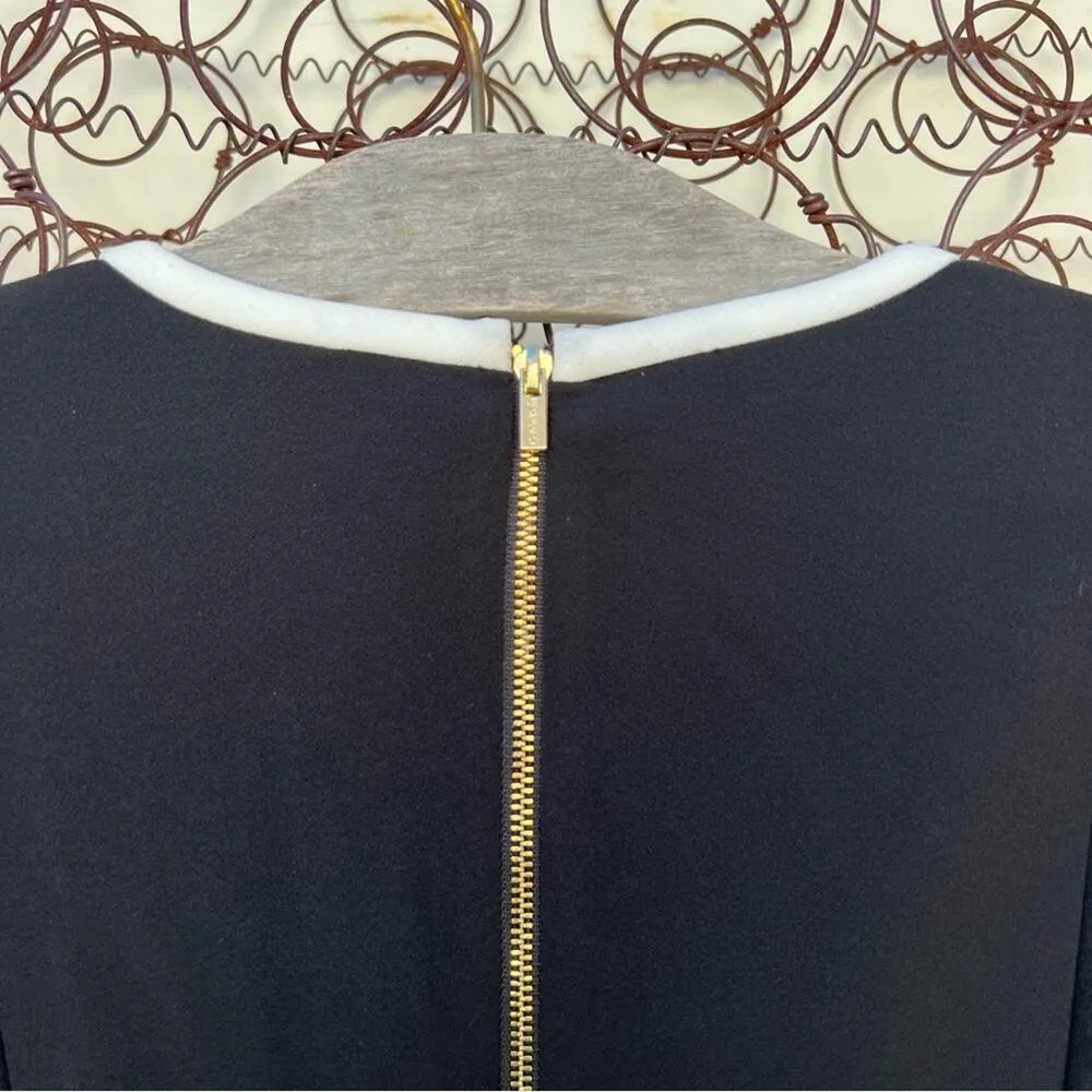 Calvin Klein black bell sleeve sheath dress white piping trim gold tone zip 6 - Image 6