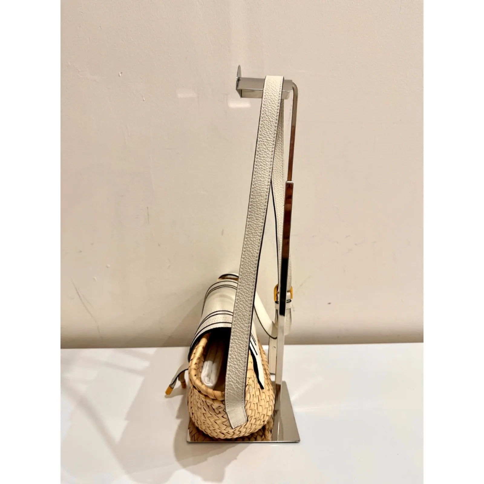 Chloe Marcie Leather Raffia & Grained Calfskin Basket Bag White Small - Image 4