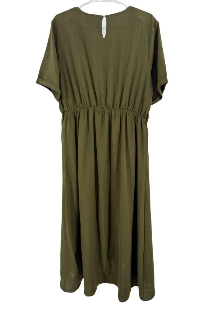 Roolee Olive Green wrap skirt Maxi Dress Flowy XL short sleeve lined boho casual - Image 2