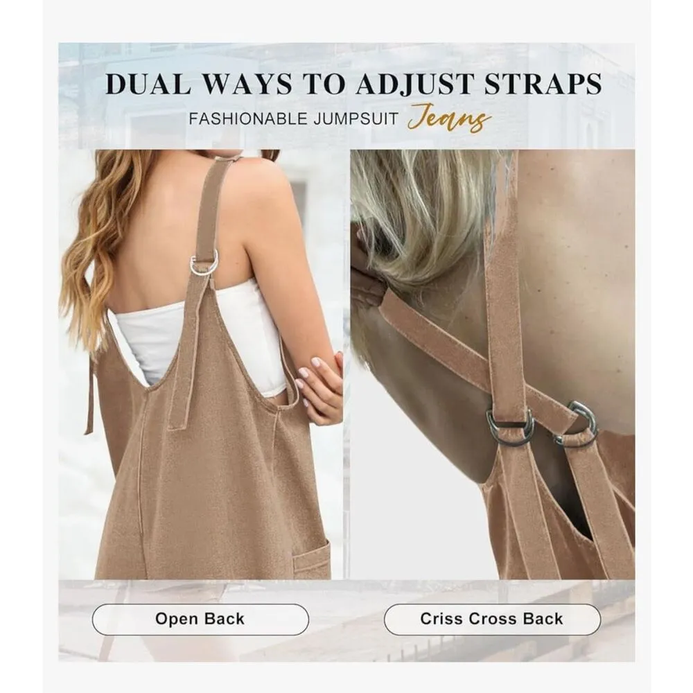 New Jumpsuit Adjustable Strap Overalls Denim Pockets XL Tan - Image 6