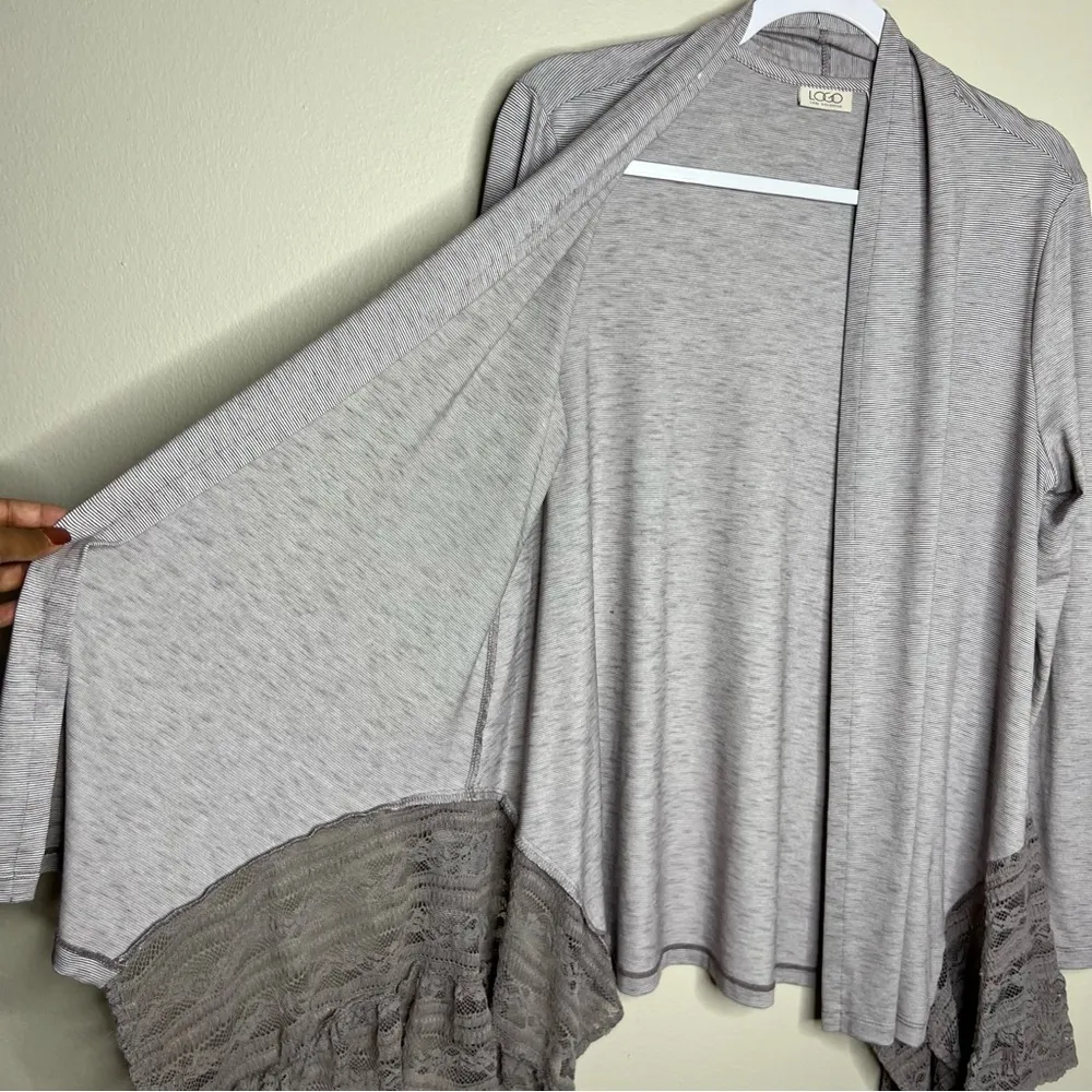 Logo Lori Goldstein Striped Lace Inset Open Front Sharkbite Cardigan‎ - Image 4