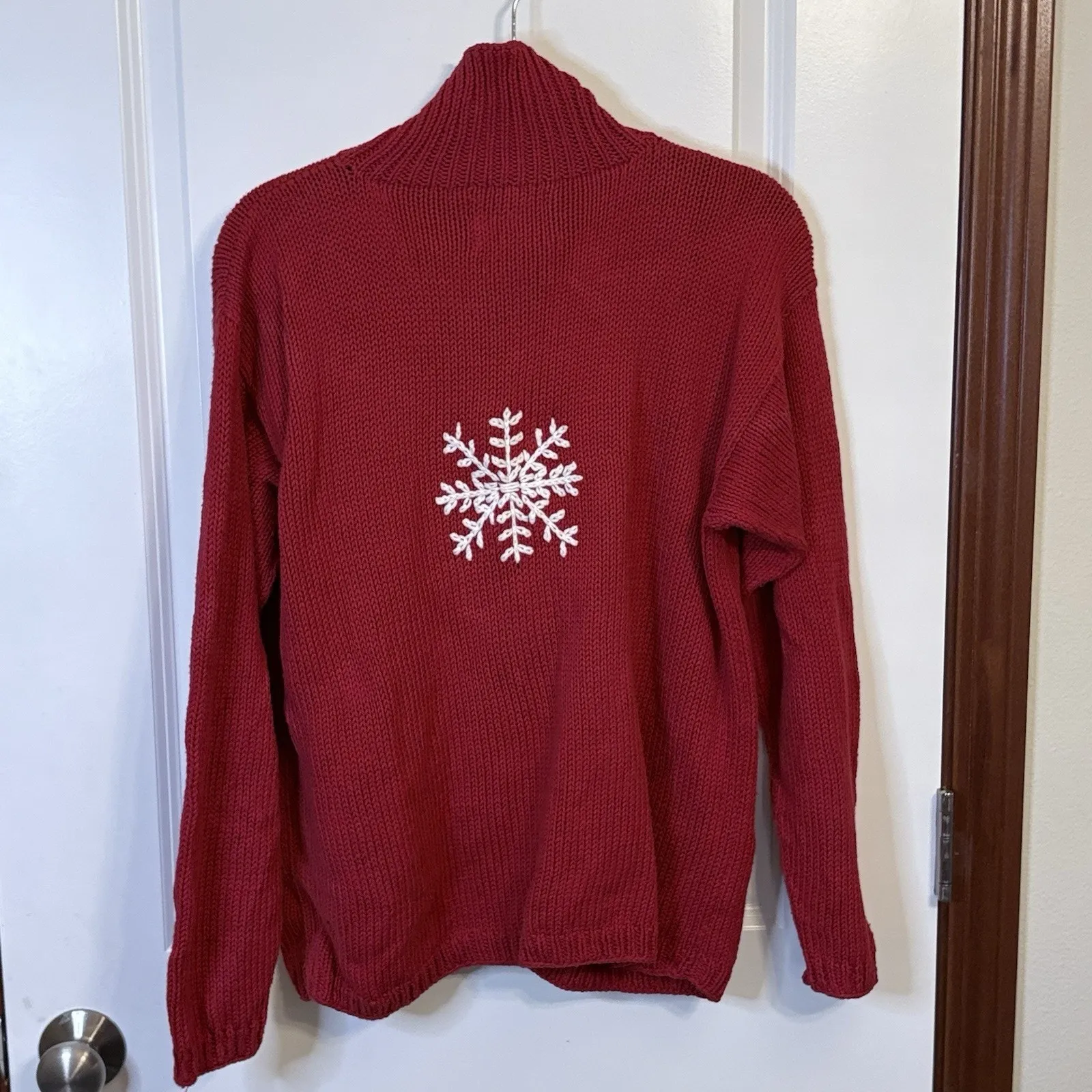 Ray Wear Christmas Sweater Cardigan Snowflake Hand Knit Women’s Sz M Cotton Red Size M - Image 3
