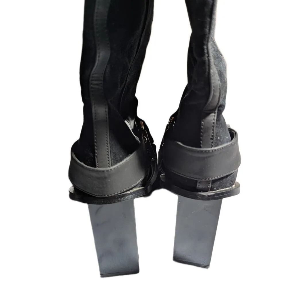 Vtg Y2K Newport News Black Suede Knee High Square Block Heel Harness Boots 7.5 - Image 3